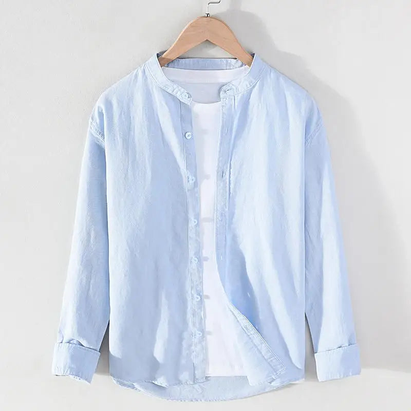 Vintage Men's Long-Sleeve Linen Shirt M-5XL Spring Summer Stand Collar Plain Color Single Breasted Streetwear