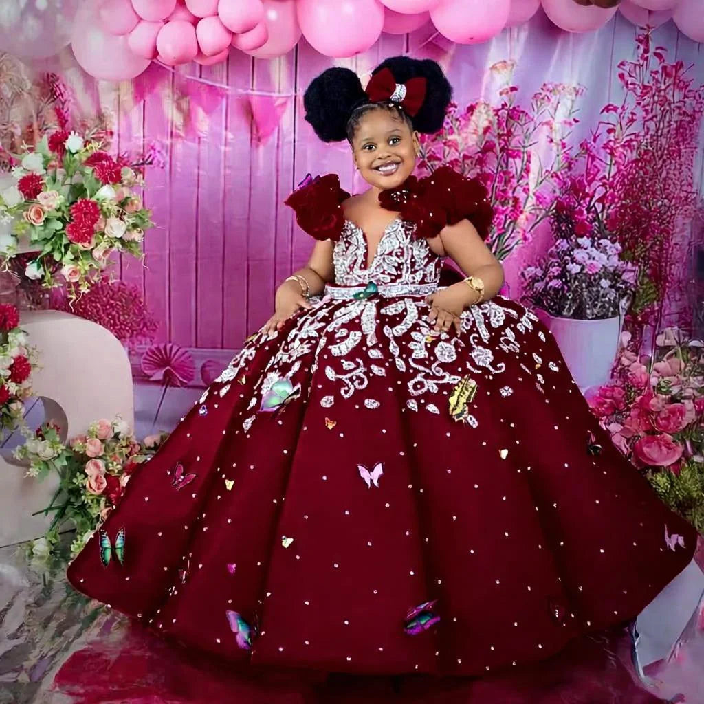 Luxury Beading Flower Girl Dresses Princess Hot Pink Customized Ball Gown Baby Girls First Birthday Party Pageant Dress