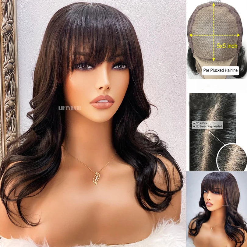 Body Wave Human Hair Wigs With Bangs 5x5 PU Silk Base Closure Wig 150% Density Malaysian Remy Hair Wavy Wigs For Women