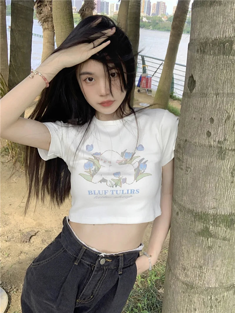 Kawaii Crop Top Summer Women's T-shirt All-match Trendy Fun Printed Casual Slim Korean Cute Tops New Y2K Simple Short Sleeve Tee