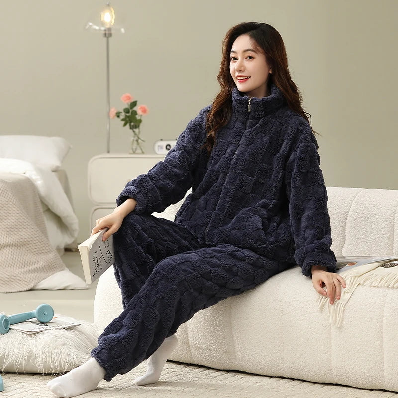 Women's Winter Flannel Pajamas Set Standing Neck Zippered Cardigan Sleepwear Coral Fleece Homewear Thick Warm Female Sweatshirt