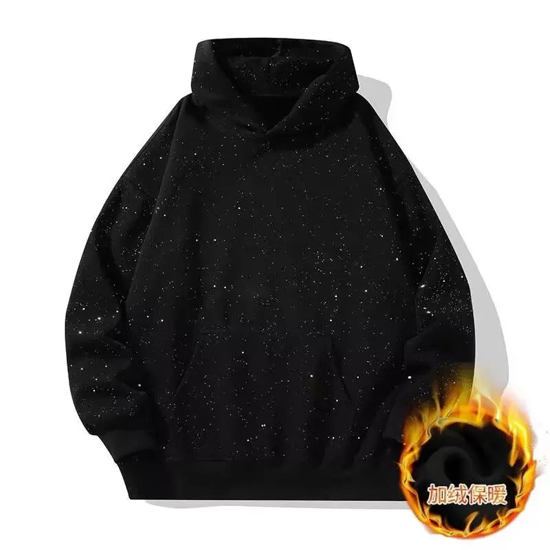 Sequined Hoody Korean Streetwear Men Sweatshirts Plus Fleece New Winter American Style Chic Solid Loose Pockets Fashion Hoodies