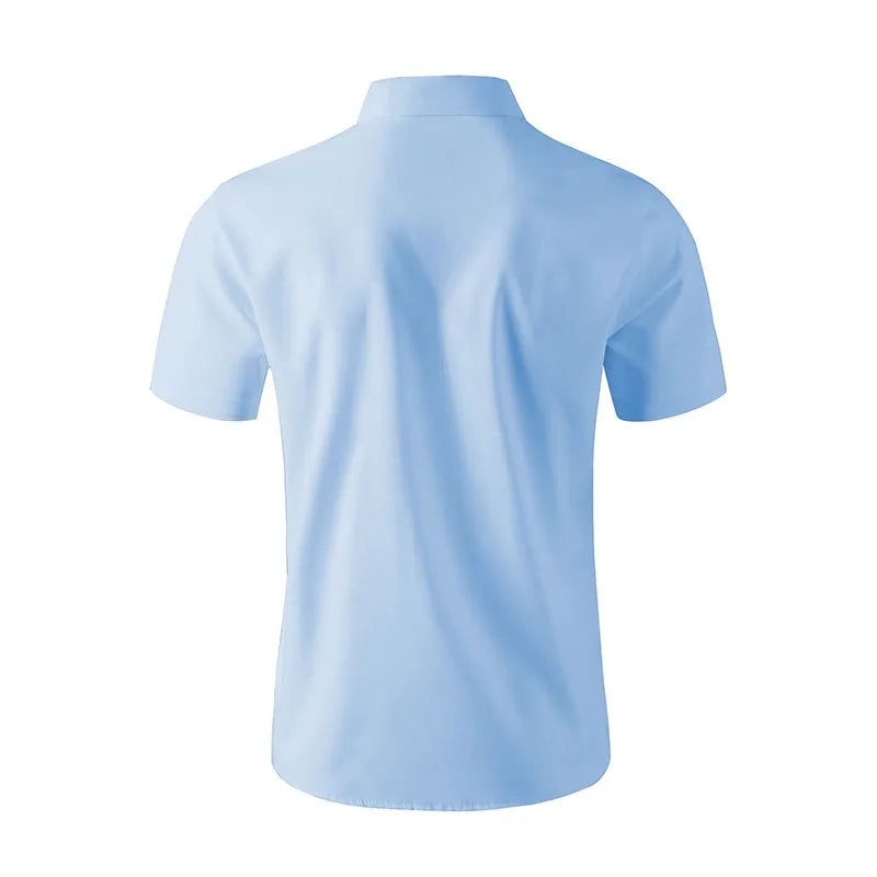 New Men's Business Casual Solid Color Short Sleeved Shirt for Summer Fashion No Ironing Comfortable and Versatile Top