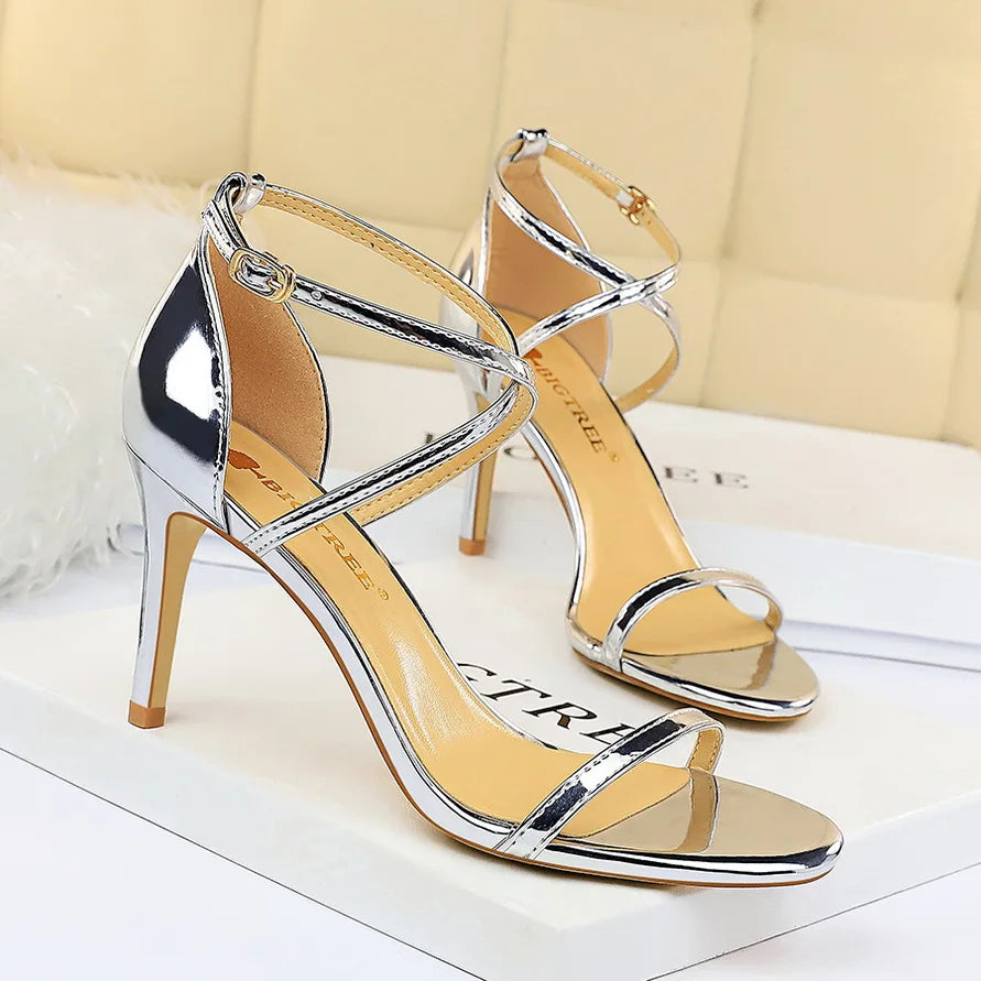 Women Fetish 8cm 11cm High Heels Summer Mid Low Heels Champagne Gold Sandals Roman Pumps Lady Gladiators Stiletto Stripper Shoes