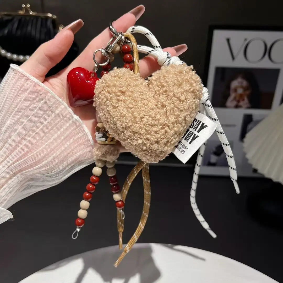 Trendy Fashion Plush Love Beaded Mobile Phone Lanyard High-value Niche Bag Anti-loss Pendant Car Keychain Ornament Chain Ins
