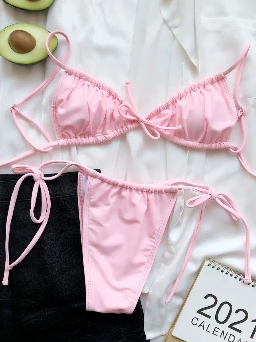 Sexy Wrinkled Micro Mini Thong Bikini Female Swimsuit Women Swimwear Two-pieces Bikini set Bather Bathing Suit Swim Beach Wear