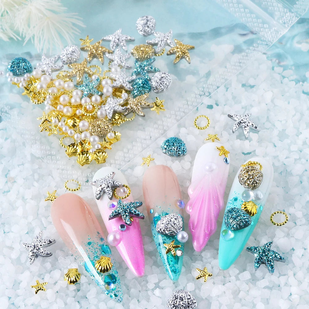 Ocean Style Seashell Starfish Nails Accessories Starfish Conch Metal Rivets Nail Charms Summer DIY Nail Art Supplies Decorations