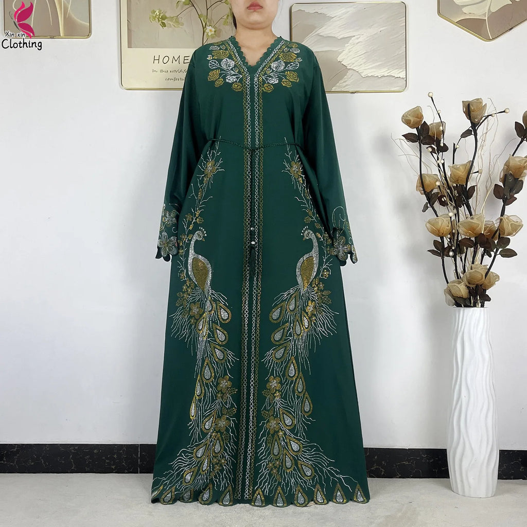 2026New Dubai Muslim Women Modest Dress Diamond Chiffon Elegant Arabic Femme Hijab African Abaya Islamic Long Sleeve Turkey Robe
