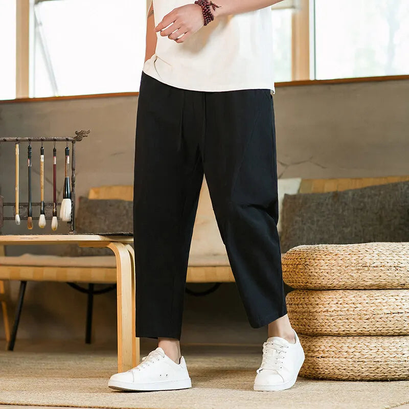 Comfortable and Breathable 100% Cotton Ankle Length Pants Summer Casual Pants Man Trendy Japanese Loose Pants Men