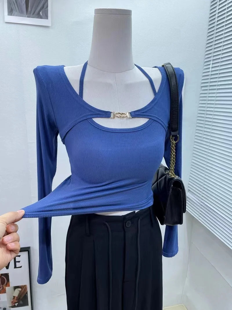 3XL Sets Women Slim Halter Camisoles Long Sleeve Tops 2 Pieces Korean Style Sexy Trendy Y2k Cropped  Spring Female Clothing