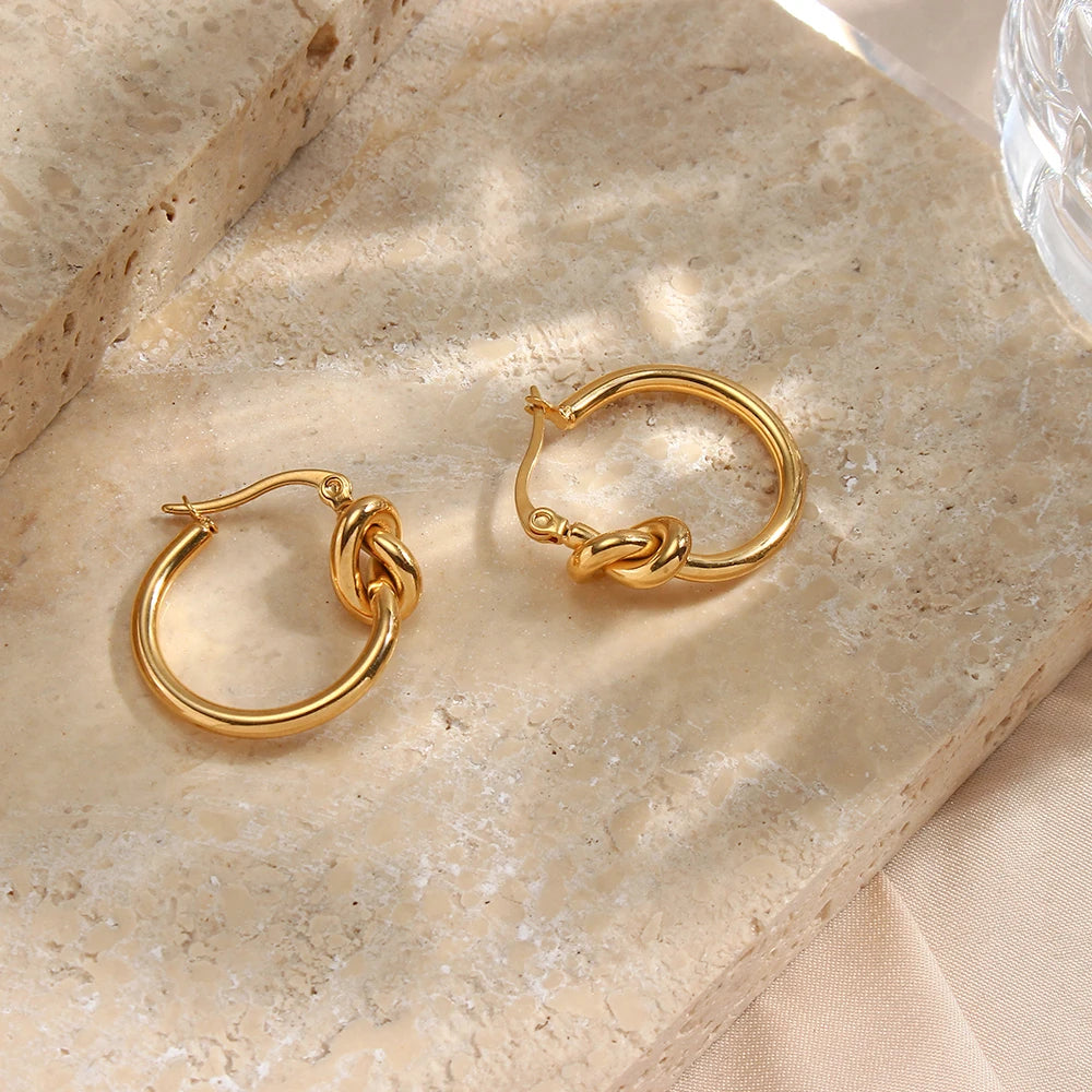 E.B.belle Knot Design Stainless Steel Hoop Earrings For Women Minimalist 18K Gold Plated Round Loop Hoop Earring Jewery For Lady