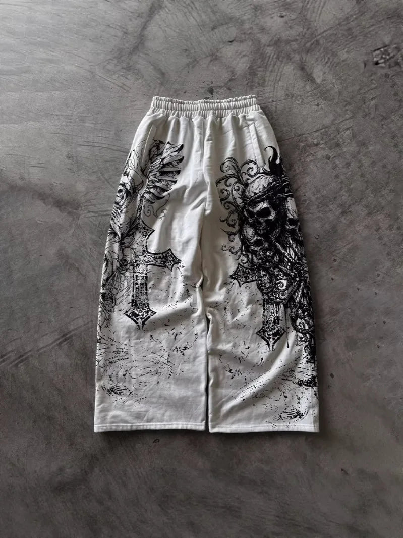 Y2K Vintage Casual Pants Goth Skull Direct Spray Printing Floor Pants Oversized Unisex Streetwear Fashion Men's Clothing Joggers