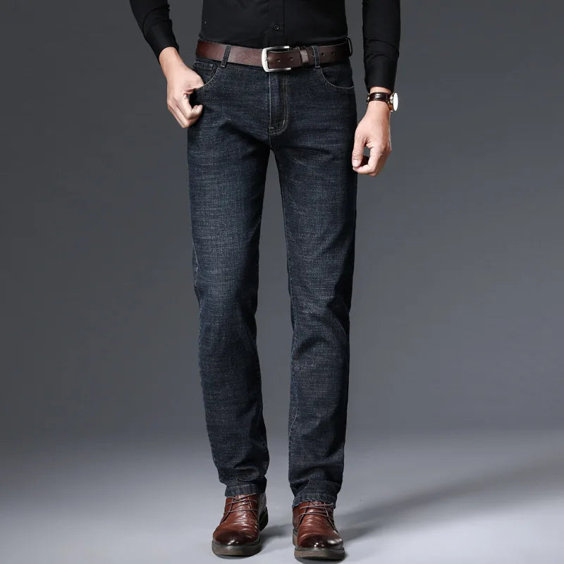 JEAN New Business Men's Jeans Casual Straight Stretch Fashion Classic Blue Black Work Denim Trousers Male Brand Clothing