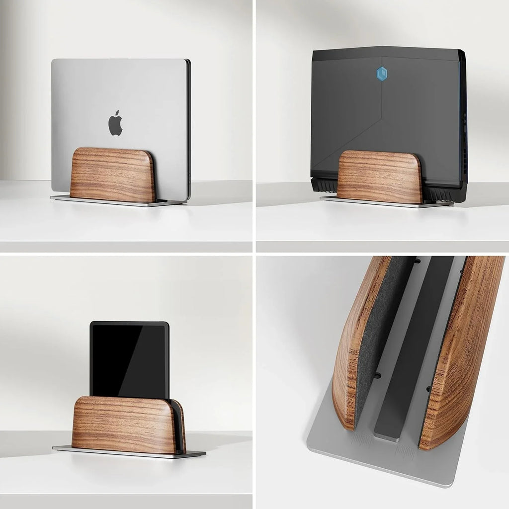 Vertical Laptop Stand Slot Walnut Wooden Laptop Holder Vertical for Desk Width Adjustable Dock with Non-slip Mat for MacBook