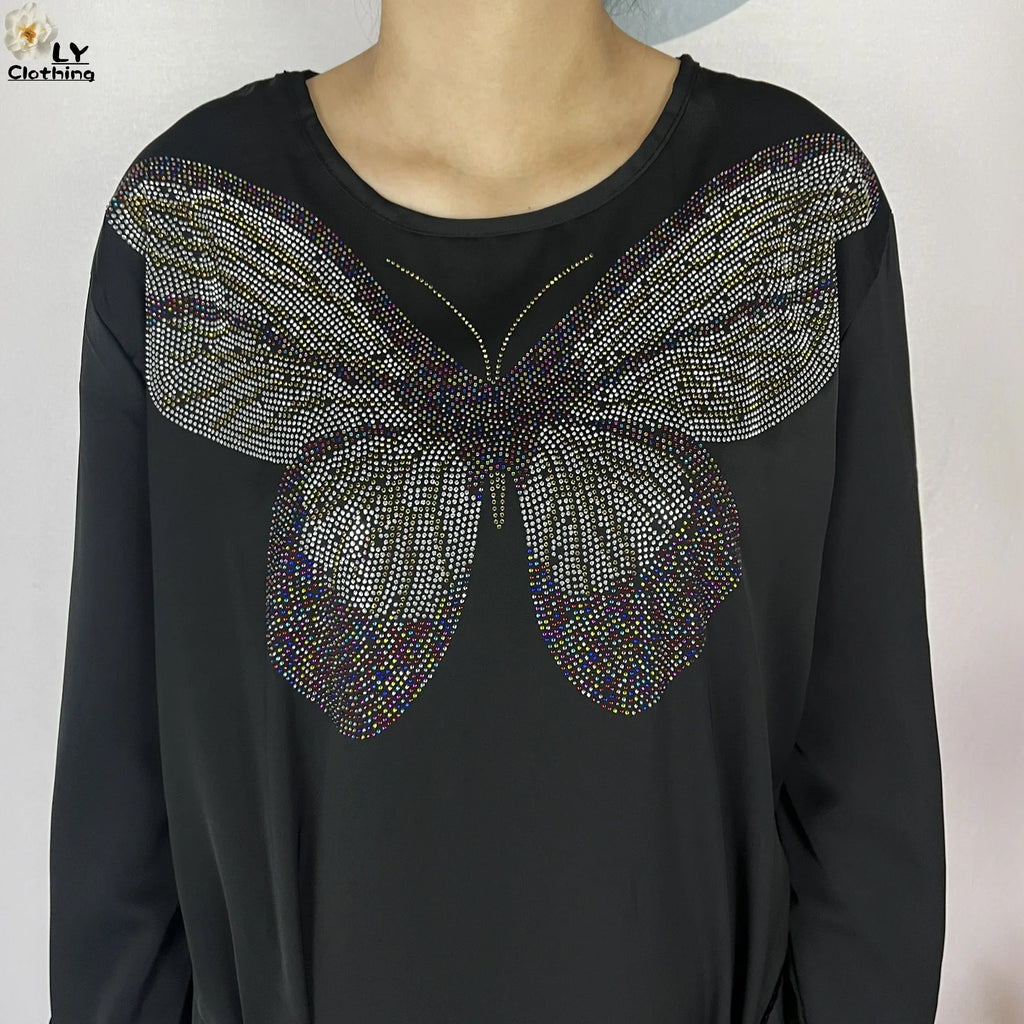 2025New Dubai Muslim Women Elegant Dress African Abaya Loose Butterfly Pattern Diamond Islamic Long Sleeve Turkey Femme Clothing