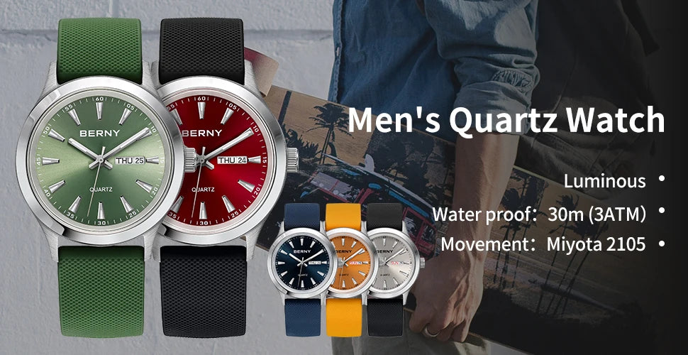 BERNY Watches for Men 40mm Luminous Elegance Dress Quartz Watch Calendar Week Luxury Waterproof Casual Business Men's Wristwatch