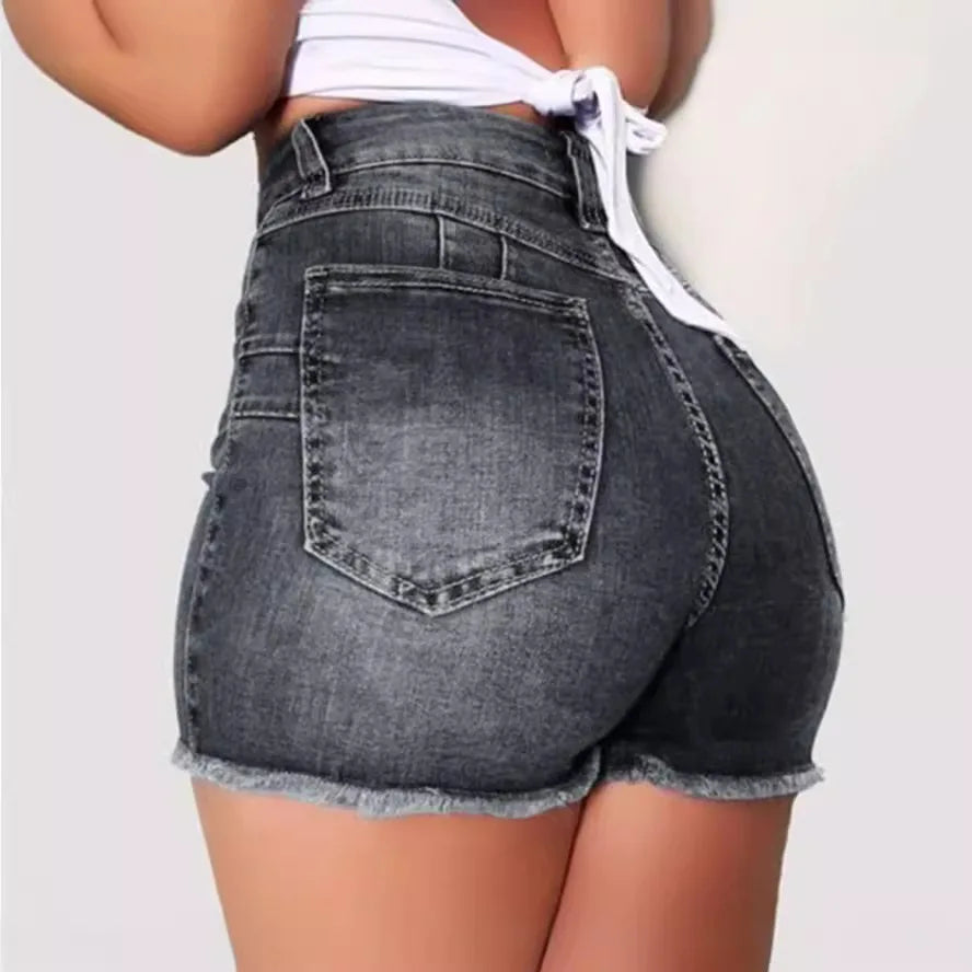 شورت جينز نسائي ضيق بقصة ضيقة ومثير وساخن وعصري بلون سادة وخصر عالٍ، ملابس كاجوال للسيدات.