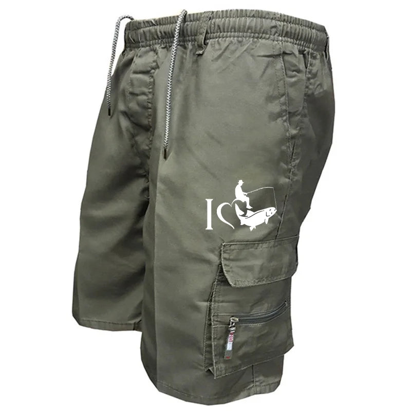 Trendy Mens Bib Shorts Casual Loose Shorts Funny I Love Fishing Printed Drawstring Pocket Shorts Summer Mens Shorts
