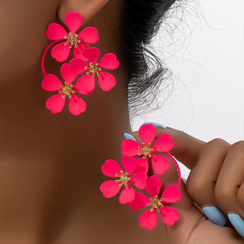 Obega Women Neon Pink Color Flowers Earring Stud Yellow Paiting Color Flower Sweet Summer Holiday Post Earrings Trendy Elegant