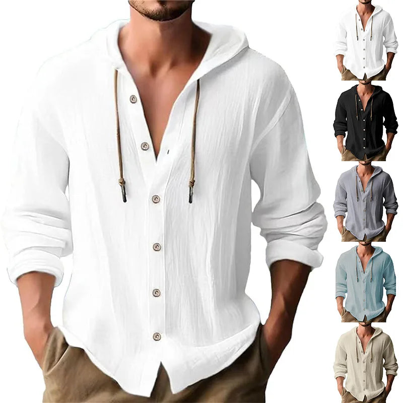 Men's solid color casual shirt, hooded drawstring cotton and linen cardigan, trendy and versatile loose beach T-shirt