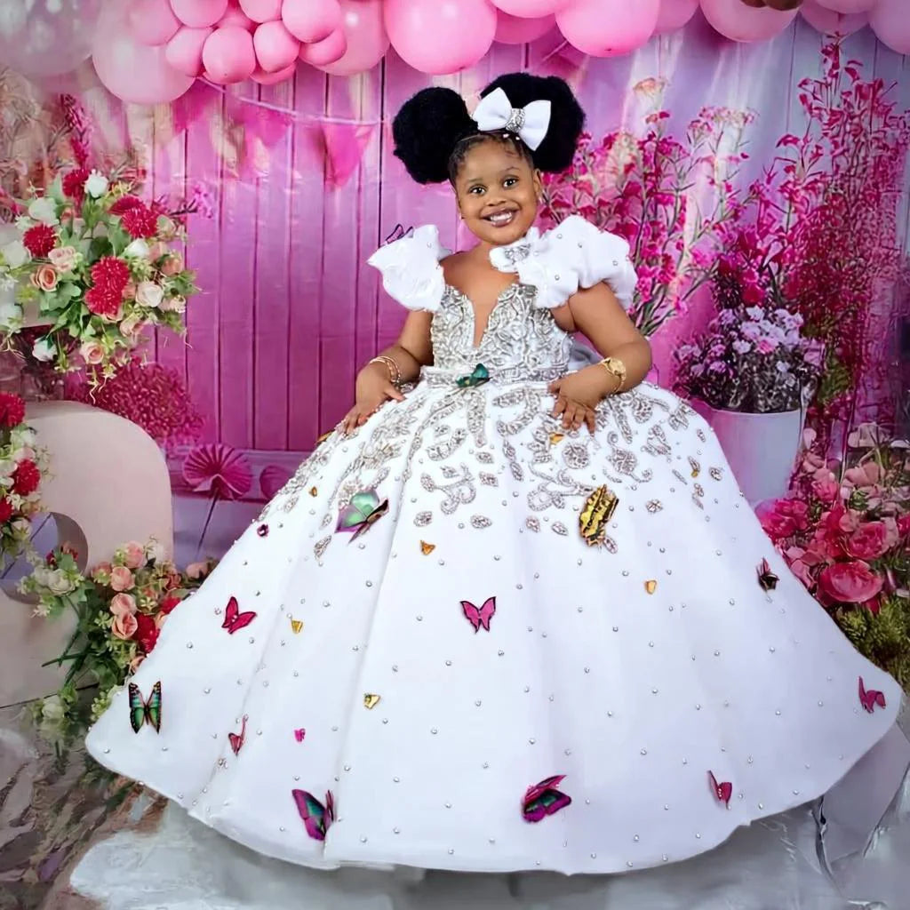 Luxury Beading Flower Girl Dresses Princess Hot Pink Customized Ball Gown Baby Girls First Birthday Party Pageant Dress