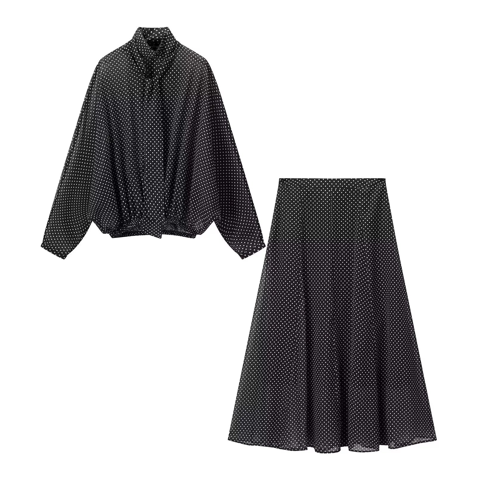 KONDALA Elegant Polka Dot Skirt Set Women's Summer Holidays Beach Casual Set Bow Collar Shirt, Midi Skirt 2026 Trendy Skirt Set