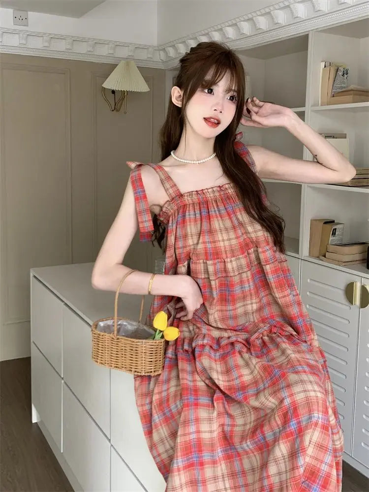 Vintage Plaid Dresses Women Ruffles Sweet French Style Bandage Loose Casual Girlish Summer New Ins Aesthetic Temperament Ulzzang