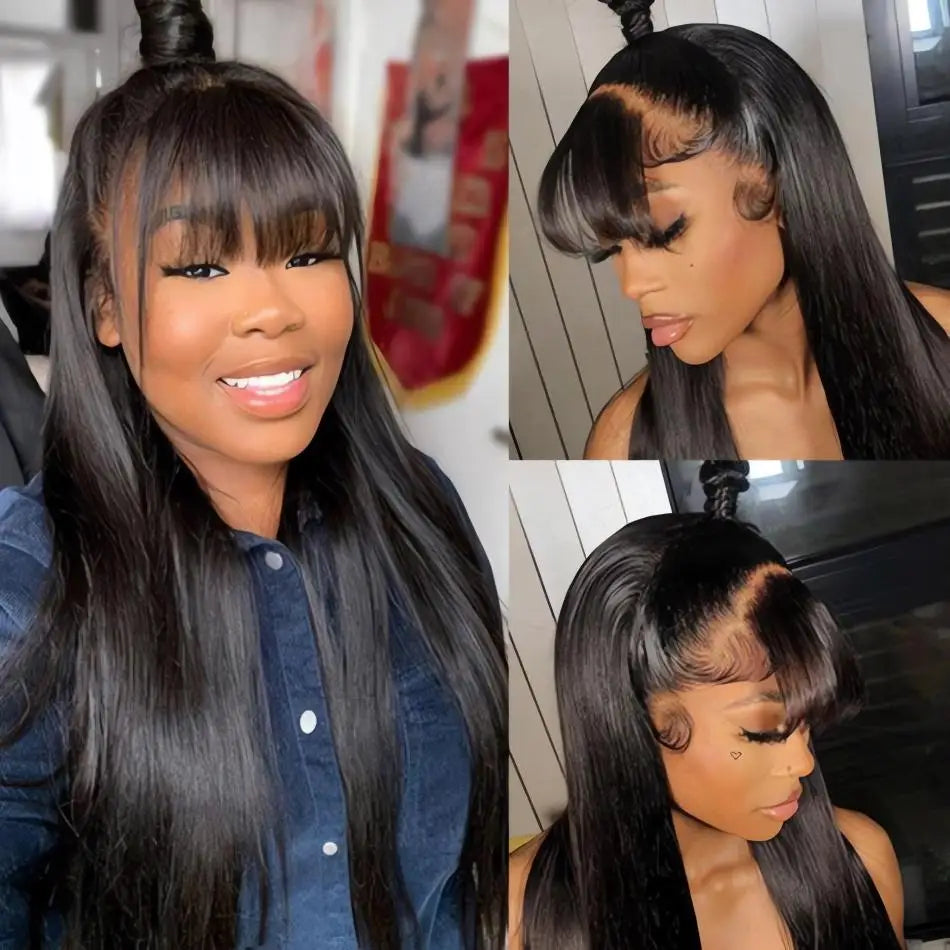 Black Bone Straight Human Hair Wig With Bangs 30 Inch Brazilian 3x1 Lace Wigs Glueless Wig Human Hair Natural Colored For Women