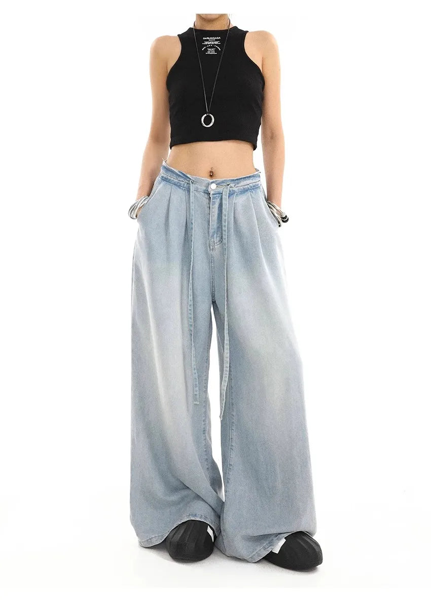 2025 Summer New Drape Wide Leg Jeans Elastic Versatile Ins Trendy Versatile Trousers Harajuku Jeans for Women Denim Pants