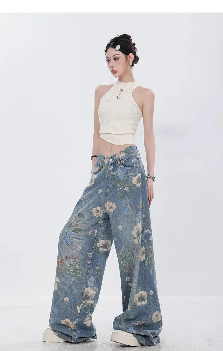 Fashion Printed Jeans 2025 Retro Floral Denim Mopping Trousers Korean Style High Street Loose Hip Hop Wide-leg Jean Pants