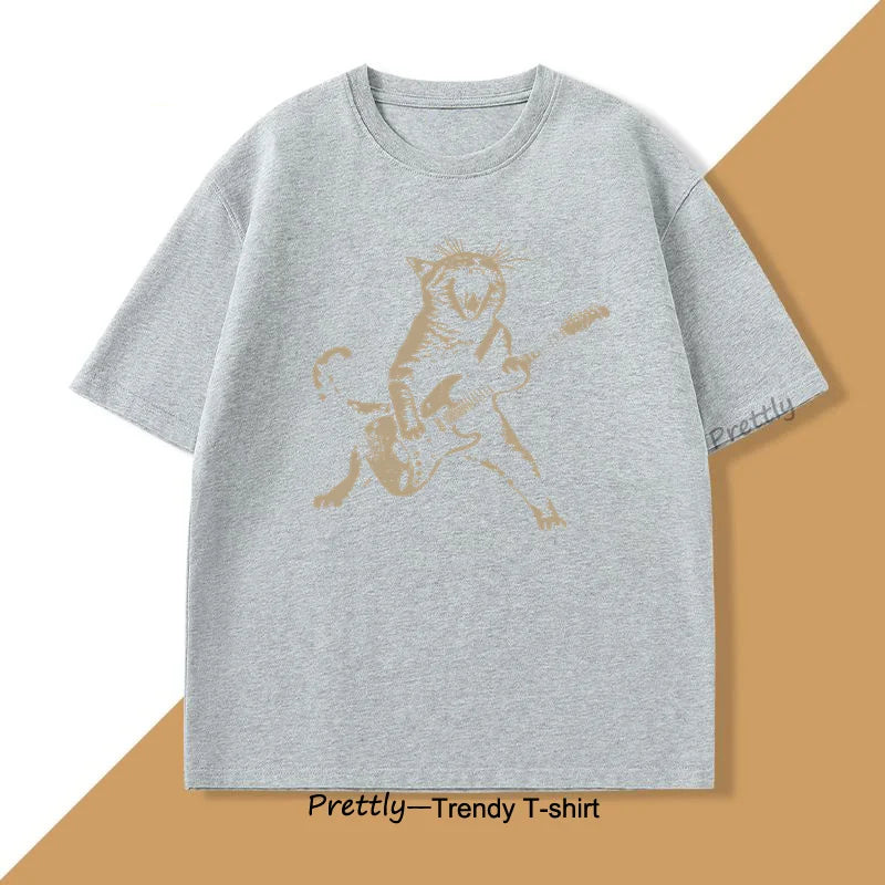 Rock Cat Playing Guitar T Shirt Funny Guitar Cat Tee Shirt Casual Round Neck Cotton Short Sleeve Tshirt Summer Street Trendy Top