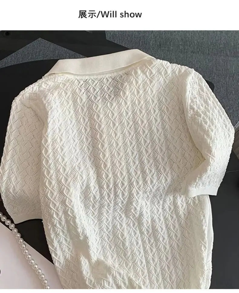 French High end Ice Silk Polo Shirt Women Summer Chic Thin Unique Jacquard Knitted Short Sleeve Loose White T-shirt Women Top