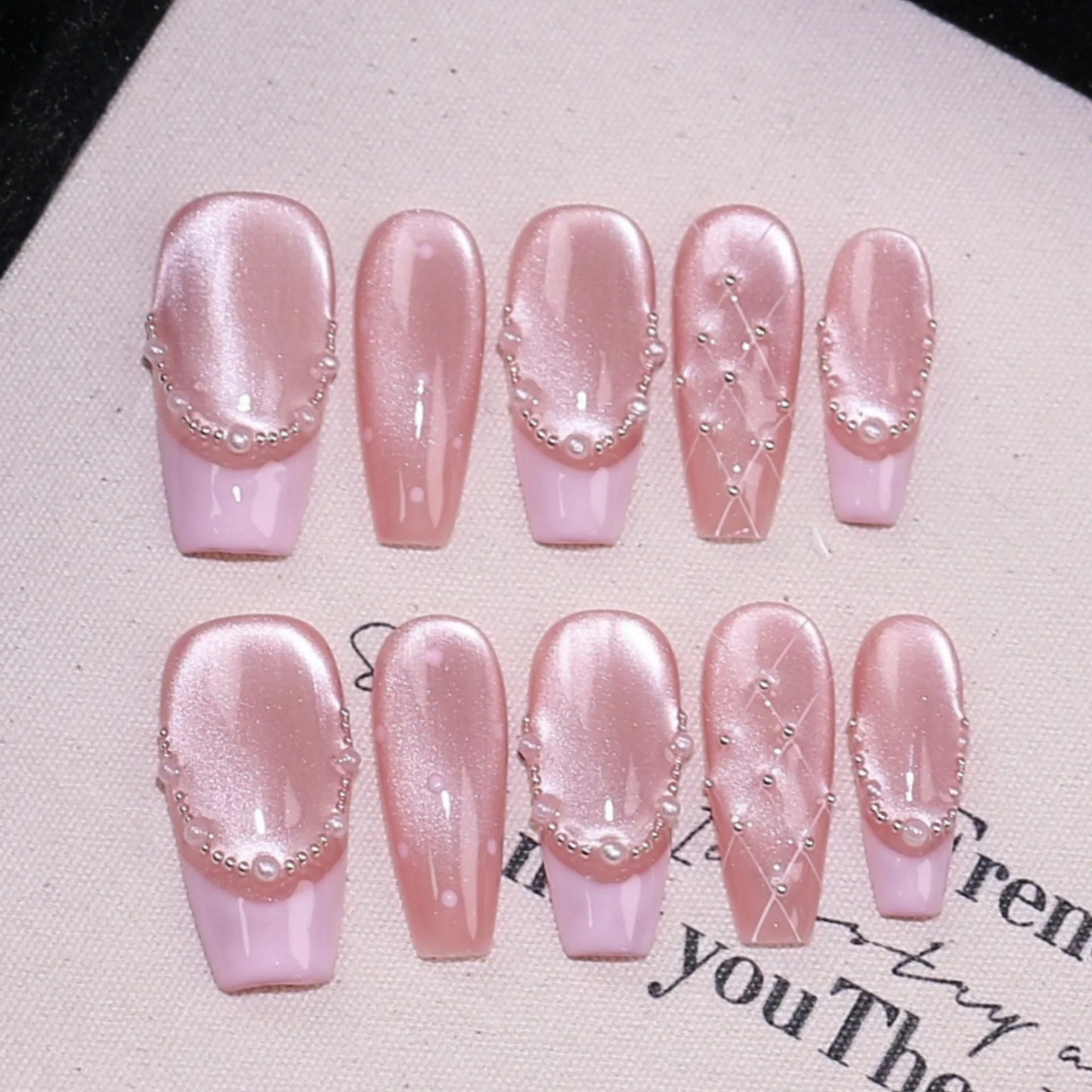 10pcs French Ballet Handmade Fake Nails Tips Pearl Cat's Eye Design False Nail Art Finished Wearable Mid-length Press on Nails