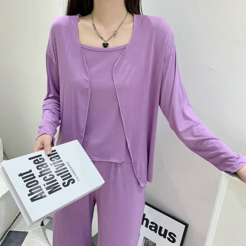 Fdfklak New Arrivals 3PCS Sleepwear Pajamas Set Lingerie Pyjamas Spring Summer Modal Soft And Comfortable Homewear