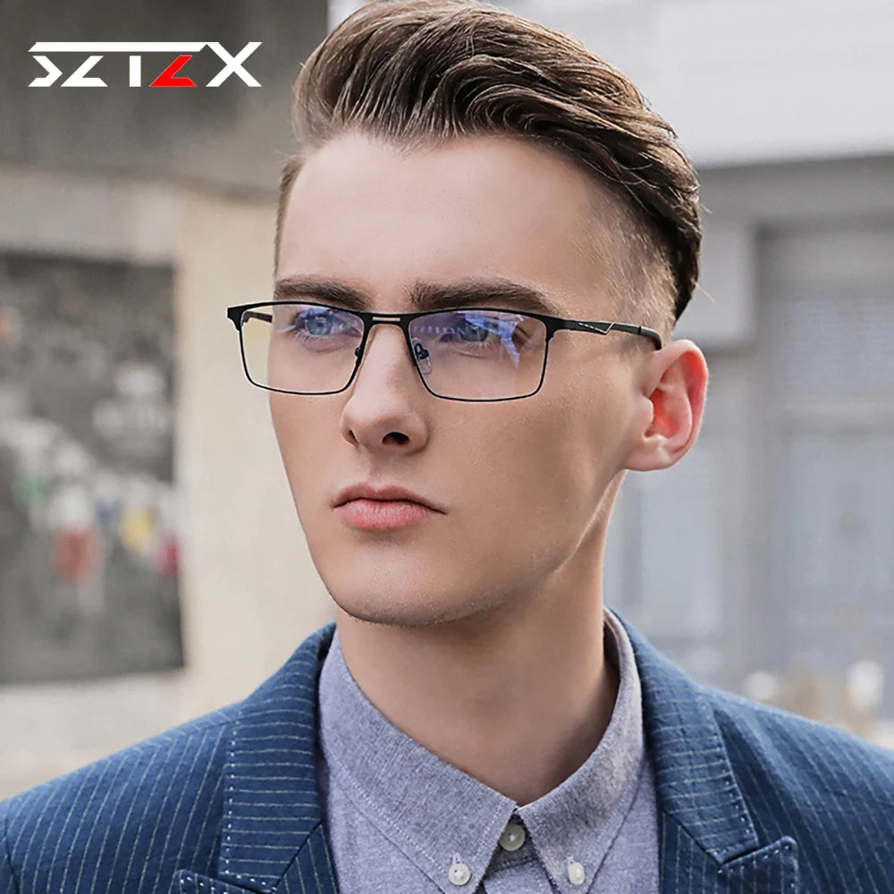 SZTZX Men Business Reading Glasses Anti Blue Light Myopia Prescription Eyeglasses Ultralight Photochromic Optical Sunglasses