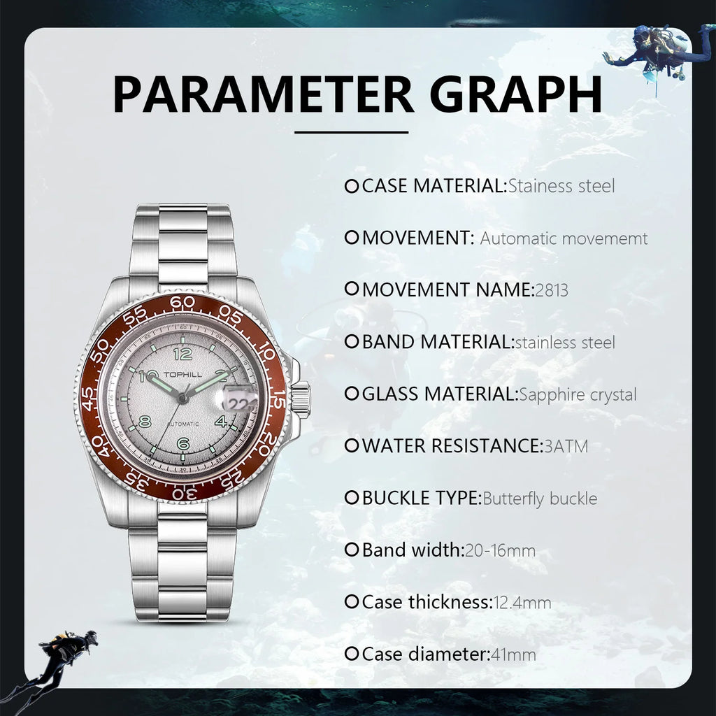 TOPHILL 41mm New Men's Watch Calendar Display Automatic Mechanical Watches Miyota 2813 Movement Sapphire Luminous Wristwatch