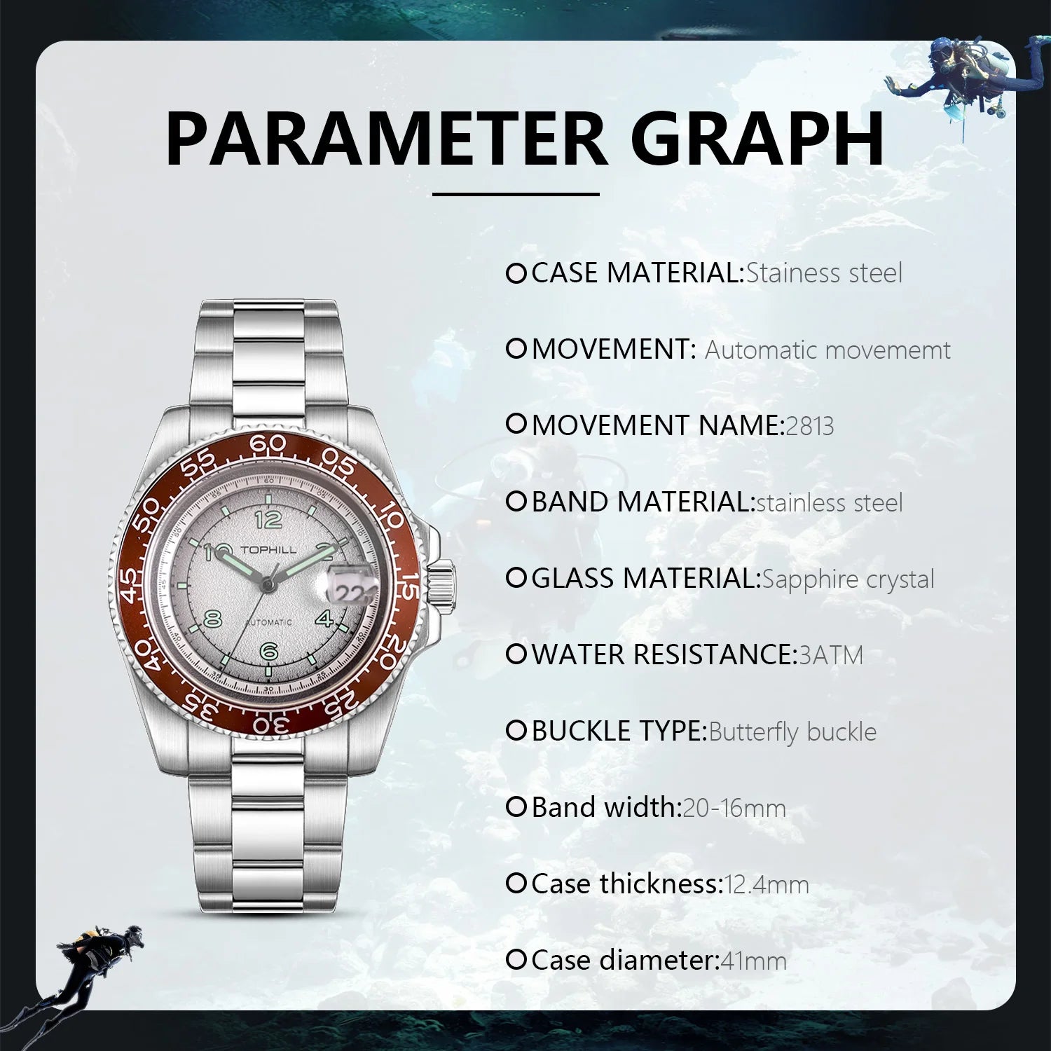TOPHILL 41mm New Men's Watch Calendar Display Automatic Mechanical Watches Miyota 2813 Movement Sapphire Luminous Wristwatch