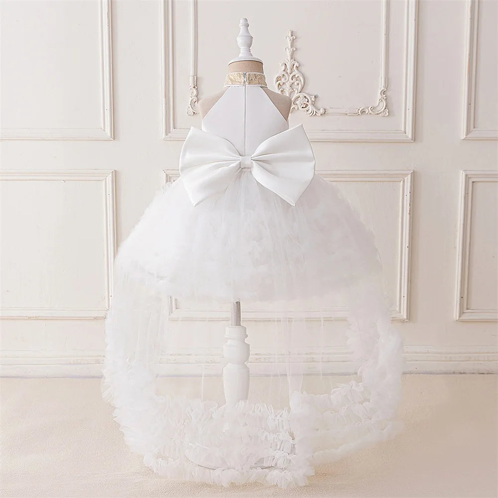 Trailing Big Bow Party Baby Girls Dresses Sequin Baptism Bridesmaid Costume Toddler Birthday Princess Dress Wedding Evening Gown