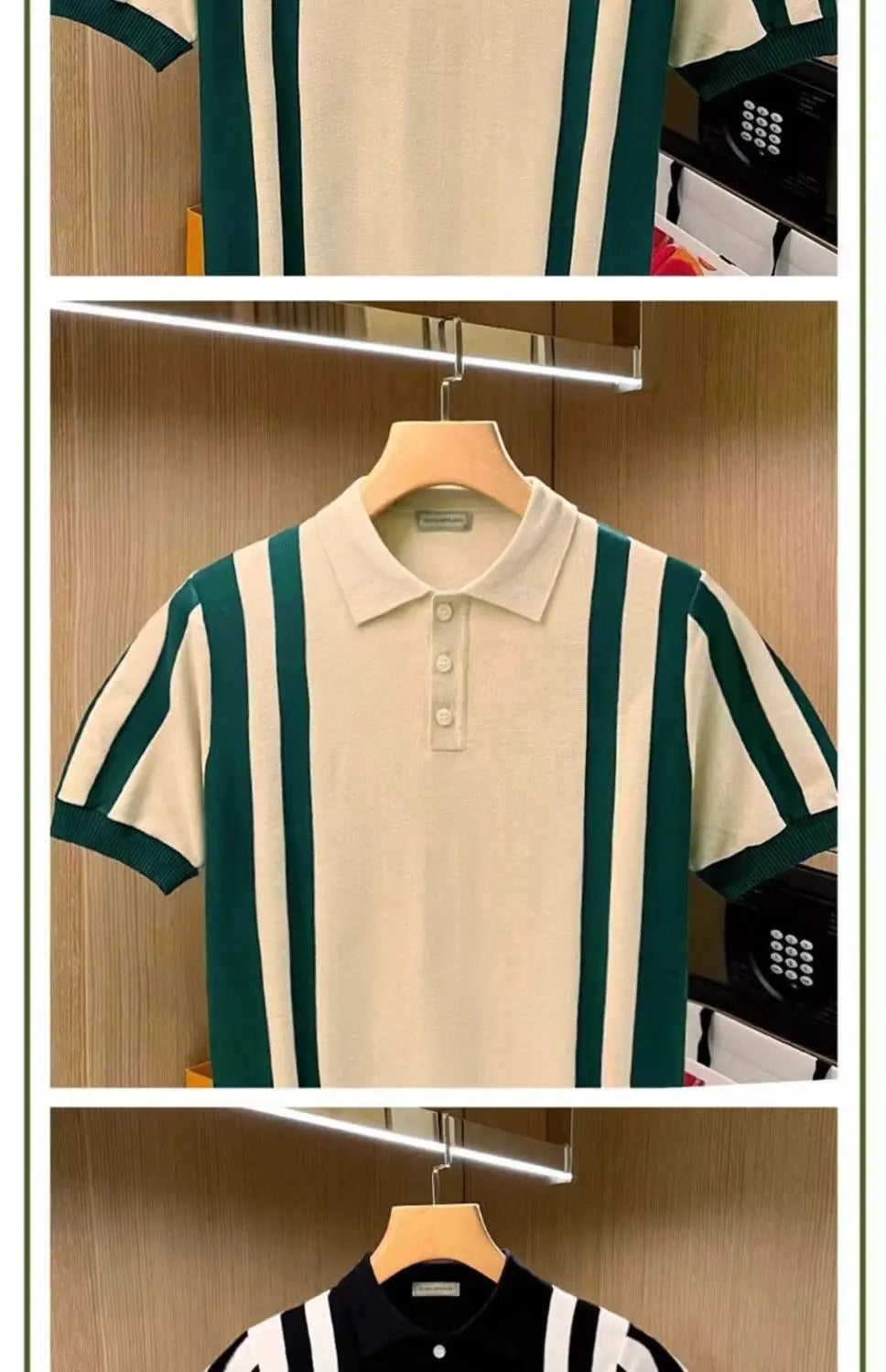Summer New Men's Knitting polos Shirt Men Turn-down Collar Button Fashion Color Stripe Tops Knit Casual Short Sleeve T-shirts