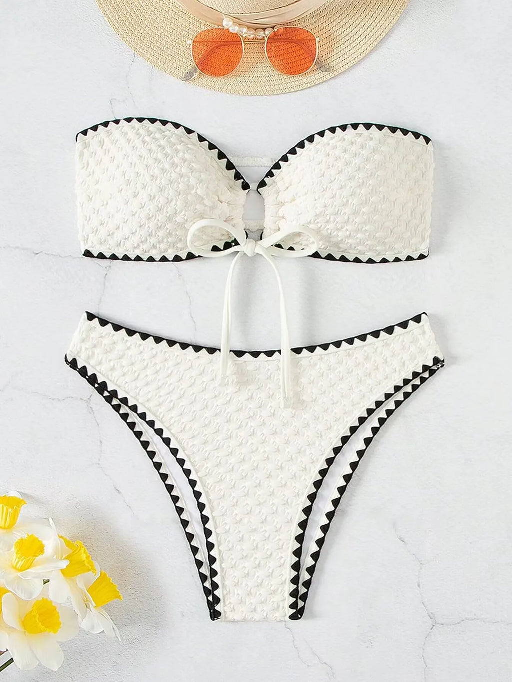 White Swimwear 2 Piece Strapless Swimsuit Women Sexy Bandeau Backless Bikini Set Lace-up Patchwork Beach Bathing Suit 2025 New