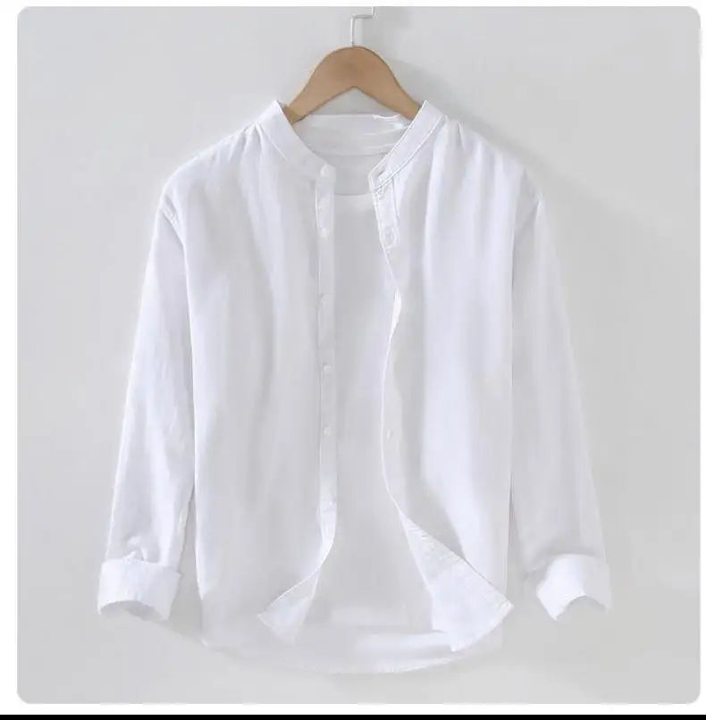 Vintage Men's Long-Sleeve Linen Shirt M-5XL Spring Summer Stand Collar Plain Color Single Breasted Streetwear