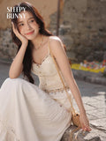 White Lace Three-Piece Set Spring Summer Slim Fit V-Neck Lace Cami Top High-Waisted A-Line Maxi Skirt Chic Red Fashion Shirt