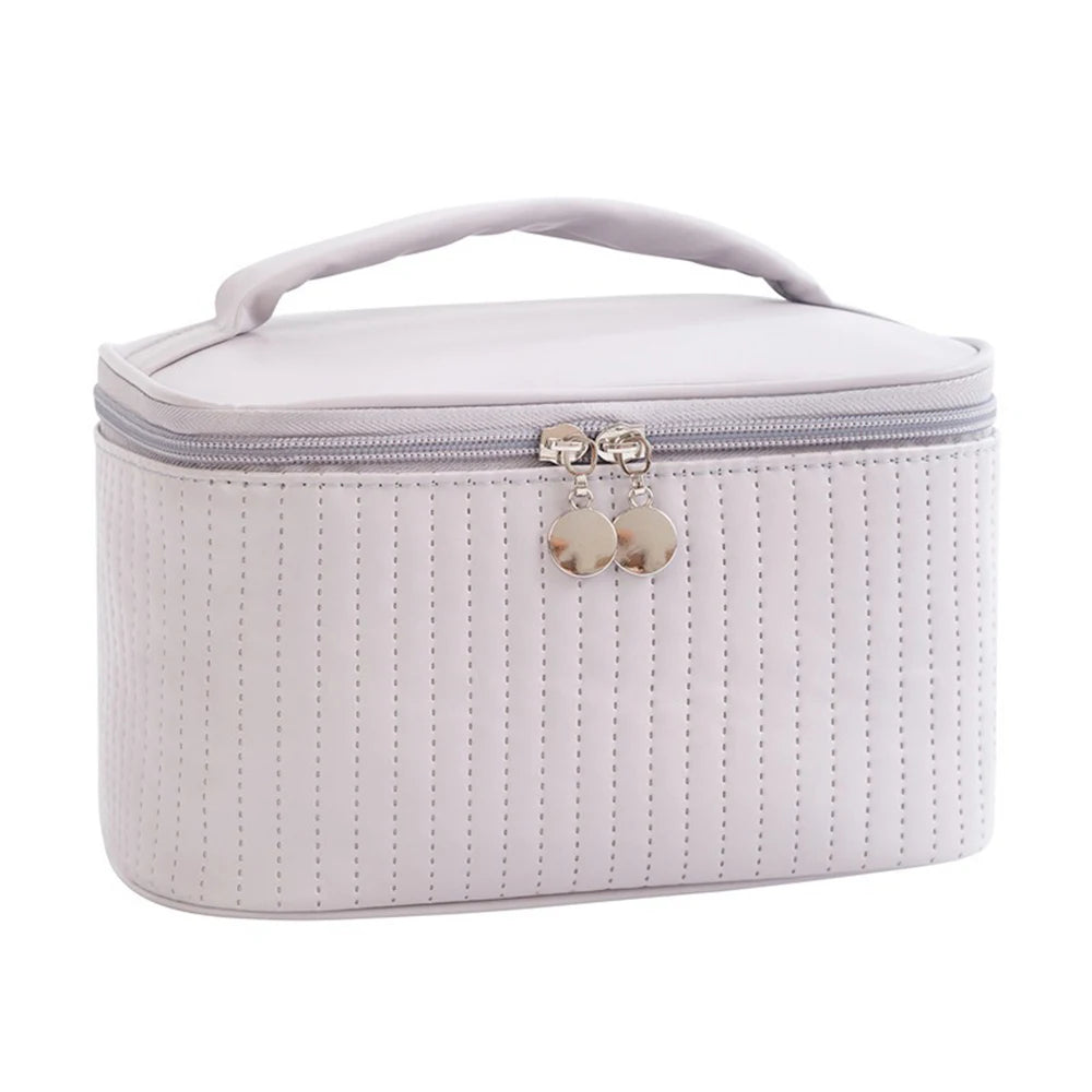 Handheld Solid Color PU Leather Cosmetic Organization Storage Bag Portable Travel Toiletry Pouch for Women