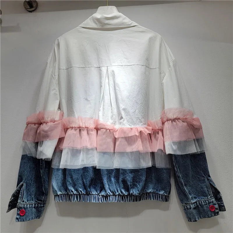 WTHT Fashion Women's Spliced Bows Mesh Edge Denim Jacket 2025 Spring Trendy Lapel Long Sleeves Loose Coat Female 1LS951