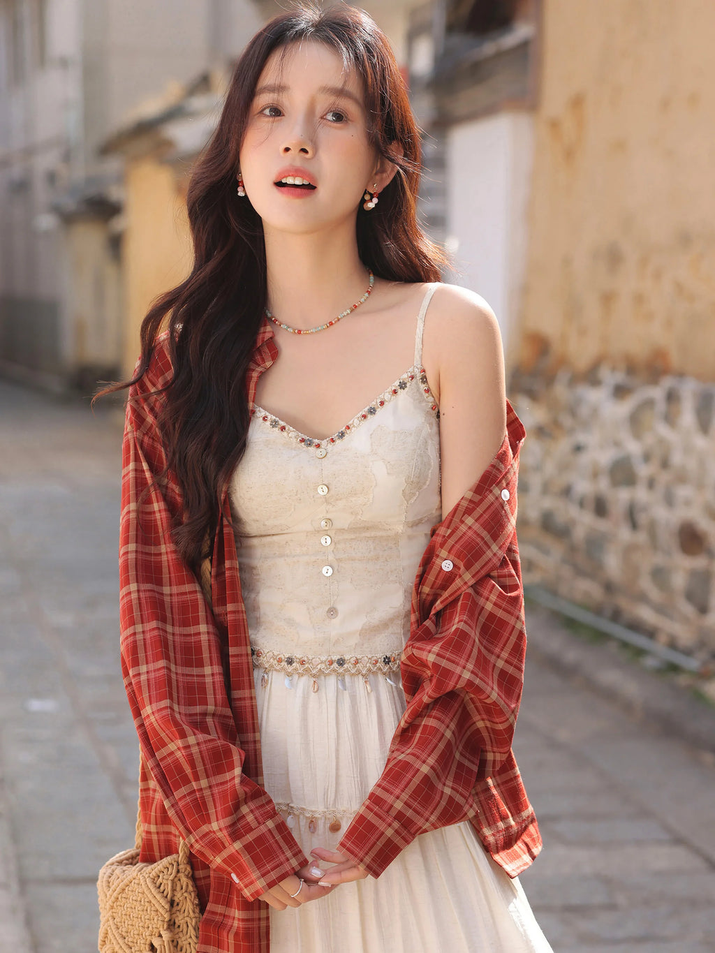 White Lace Three-Piece Set Spring Summer Slim Fit V-Neck Lace Cami Top High-Waisted A-Line Maxi Skirt Chic Red Fashion Shirt