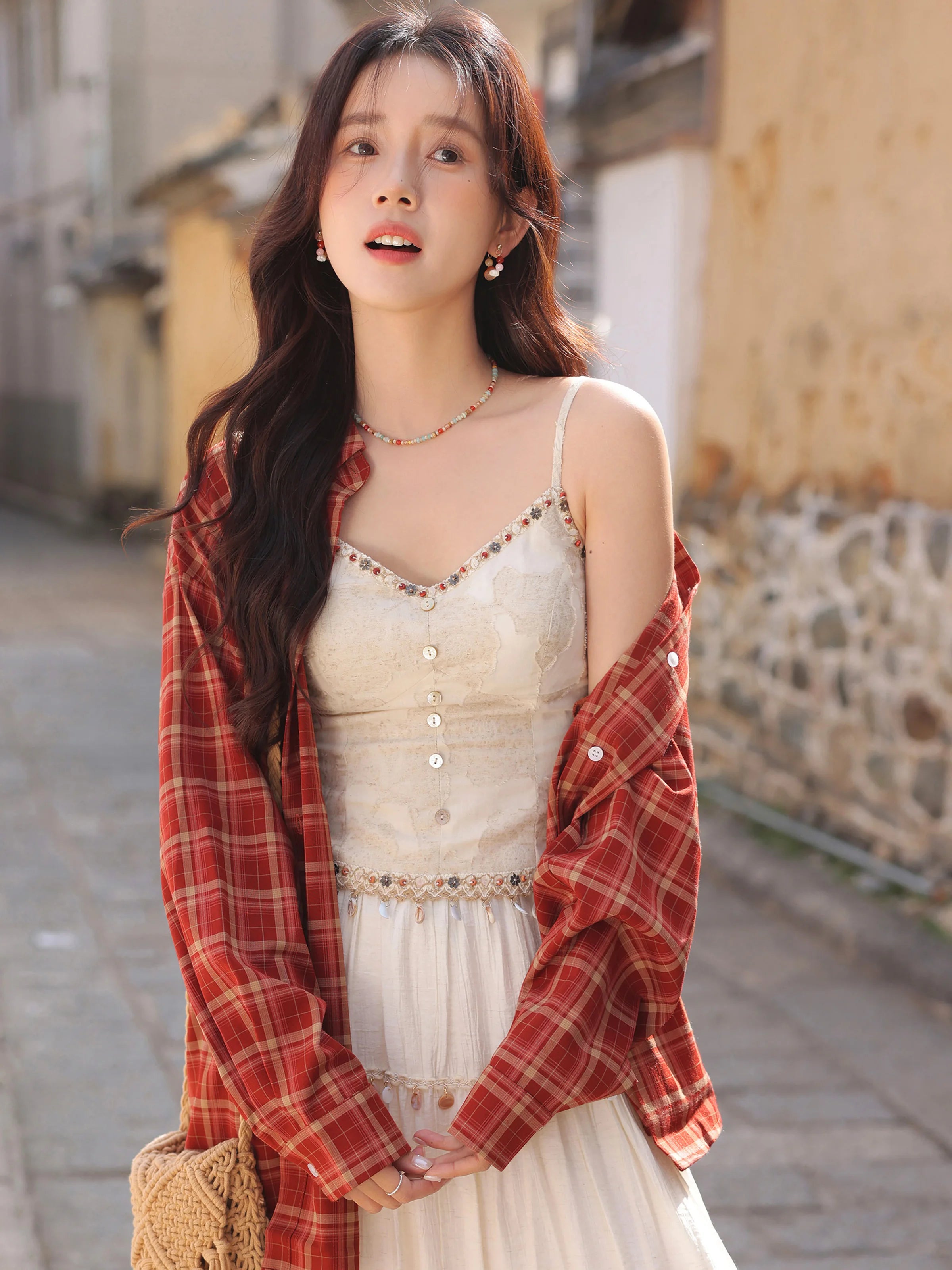 White Lace Three-Piece Set Spring Summer Slim Fit V-Neck Lace Cami Top High-Waisted A-Line Maxi Skirt Chic Red Fashion Shirt