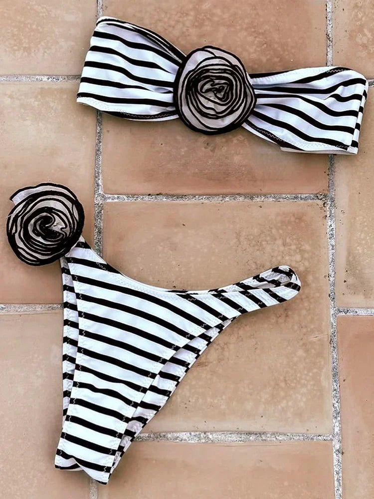 3D Flowers Brazilian Strapless Bandeau Bikini Female Swimsuit Women Swimwear Two-pieces Bikini Set High Cut Bathing Suit Swim