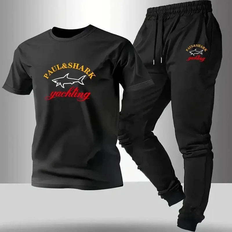 Summer New Fashion Trend Printed Sports Fitness Short-Sleeved T-shirt Long Pants Set Men's Loose Sports Large Size Two-Piece Set
