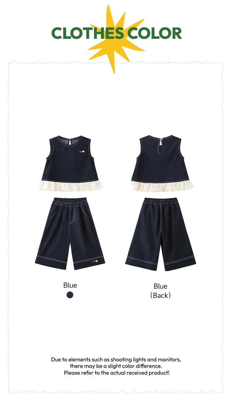 Amila 2026 Girls Summer Set Navy Blue Top Wide Pants 2025 Fashion Heart Embroidery Ruffle Casual Trendy Kids Outfit Sleeveless