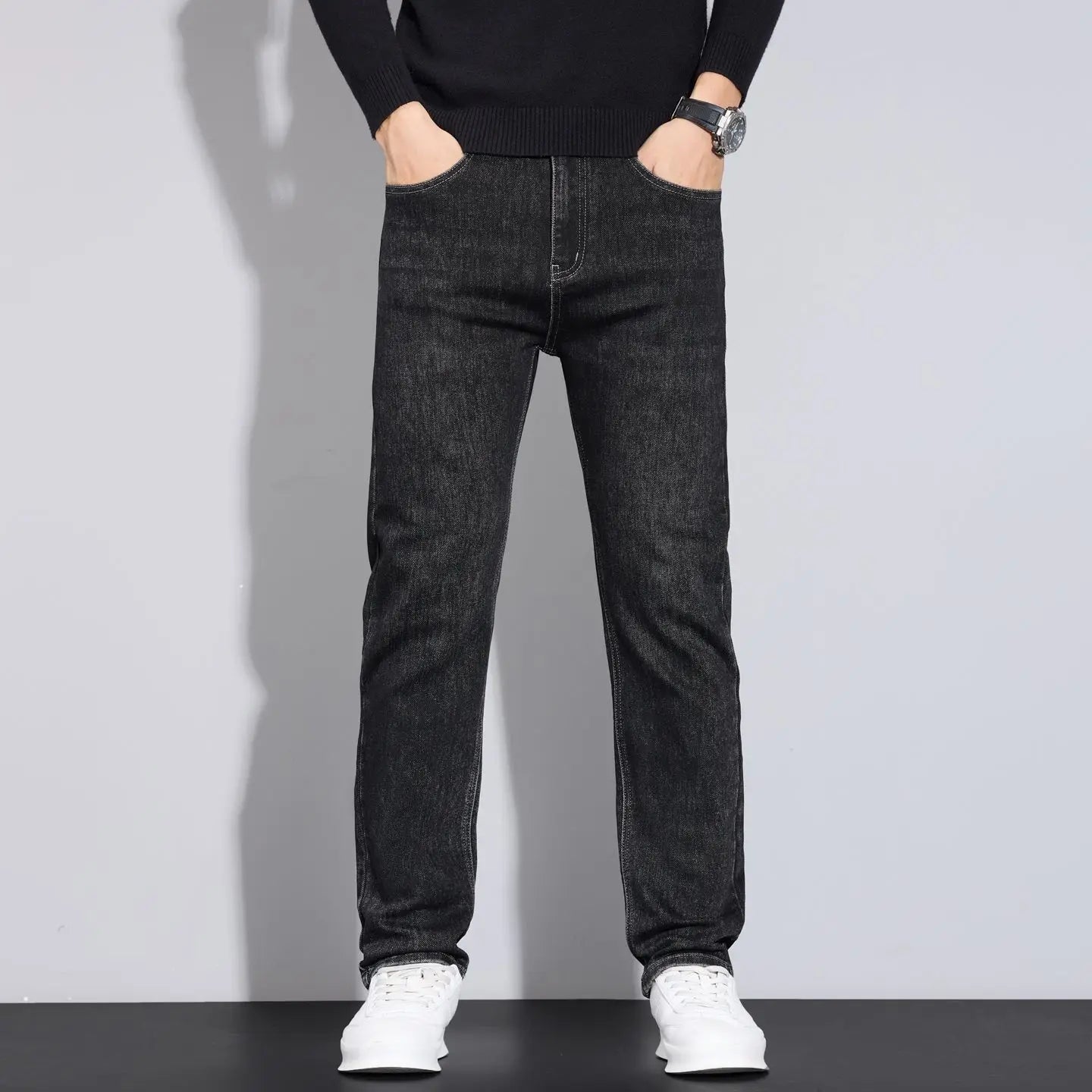JEAN New Business Men's Jeans Casual Straight Stretch Fashion Classic Blue Black Work Denim Trousers Male Brand Clothing